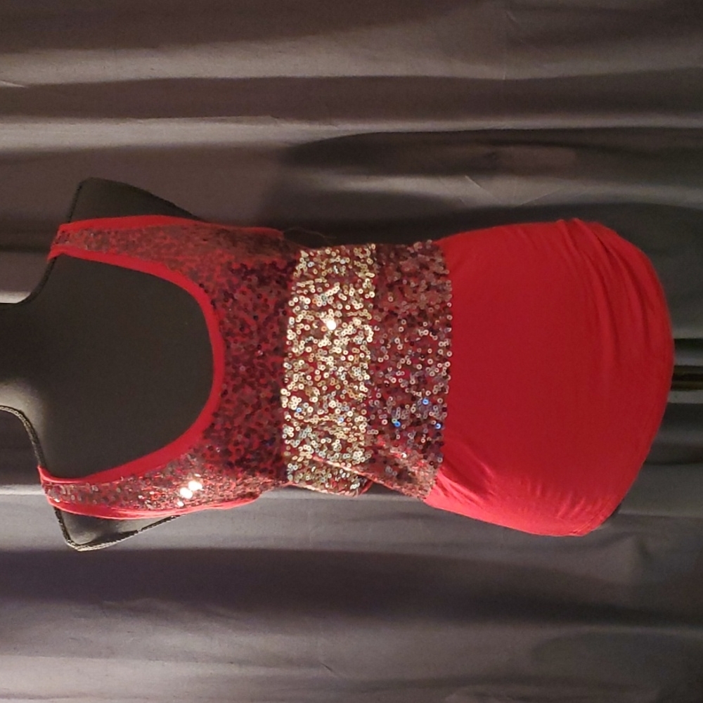 Sequined Ladies Racerback Tank, Daytrip, Red with Black and Silver Sequins. Lg.